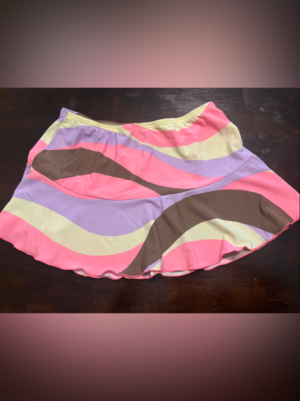 Y2K Venus retro Wave Print swim Skirt size L Pink, Lavender, yellow/Cream, Brown